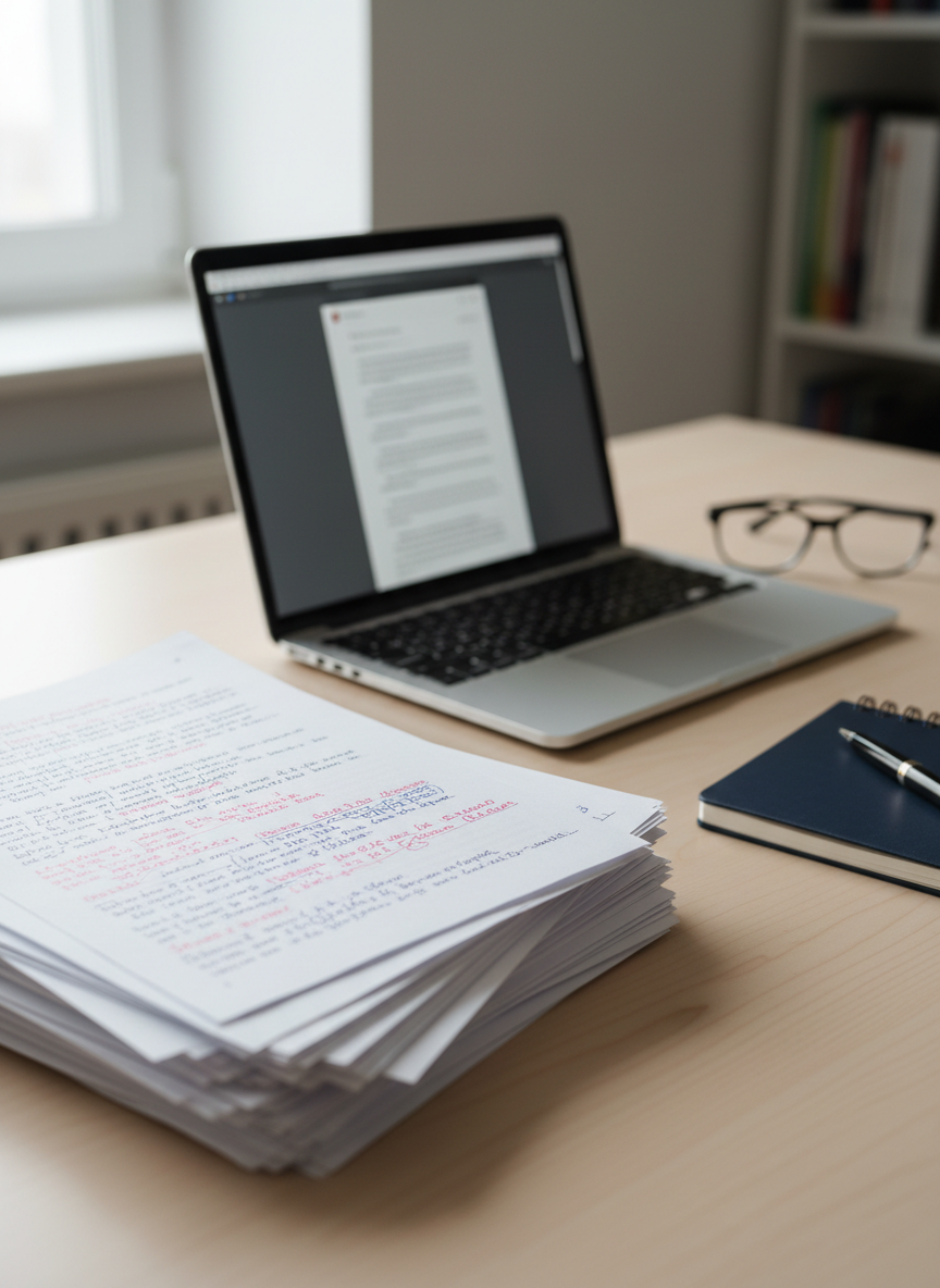 A neatly arranged proofreading workspace on a light wood desk, featuring a stack of printed manuscript pages with visible red and blue handwritten markings, next to a sleek silver laptop showing a clean, corrected page interface without readable text. A pair of black reading glasses rests beside a closed navy-blue notebook and a pen. Soft natural daylight from an unseen window to the left casts gentle, professional shadows and subtle highlights on the paper texture. Photographic realism, shot at eye level with a shallow depth of field, keeps the marked pages in crisp focus while the background fades into a calm blur, creating a focused, trustworthy, and professional atmosphere suited for a proofreading service homepage hero image.