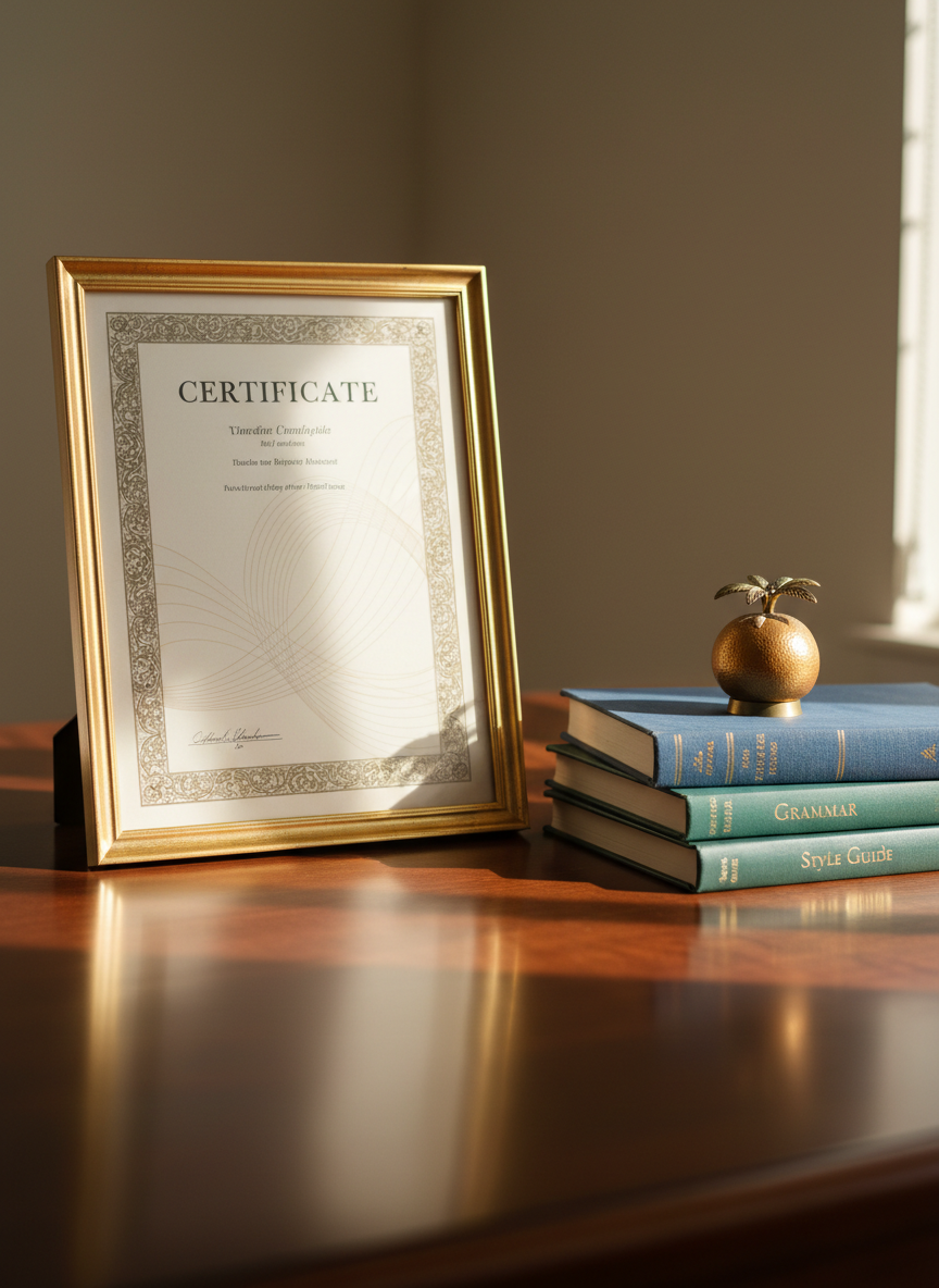 A polished dark-wood desktop displaying a framed professional certificate with an elegant gold border and abstract, unreadable placeholder lines where text would be, accompanied by a neatly stacked set of reference books on language and writing, their titles subtly blurred. A subtle Central Florida desk accessory, like a small palm tree figurine or orange-shaped paperweight, adds regional character. Warm afternoon sunlight spills across the surface from the right, creating gentle reflections on the glass frame. Photographic realism, medium-wide shot with rule-of-thirds composition, communicates credibility, education, and established expertise for a proofreading credentials section.
